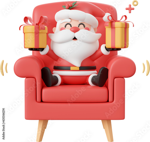 Santa Claus sitting on sofa and holding Christmas gift, Christmas theme elements 3d illustration