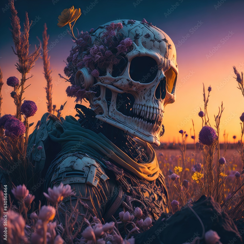 Illustration of a skeleton standing next to an alien in an eerie field created with Generative AI technology