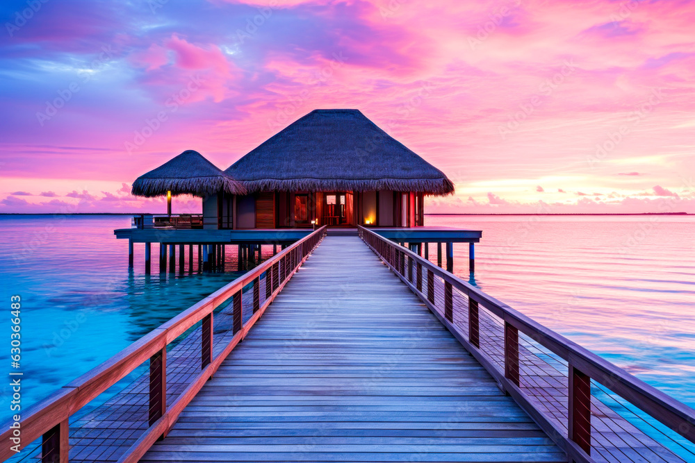 Water gazebo at sunset. Pier to the horizon. Ai generation