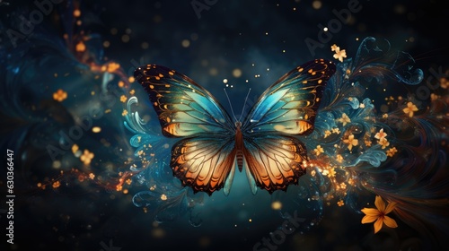 Beautiful abstract butterfly, surreal glowing butterfly in dark space, Generative AI.