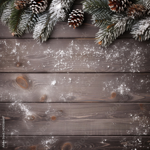 Christmas background with fir branches and cones and decorations on a dark wooden board. View from above. Space for copy.