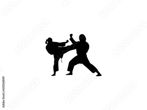 Vector set of karate players in various poses. Beautiful young male and female karate player posing on the White background. Karate martial art fighter sport silhouette.