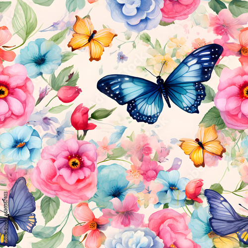Seamless pattern of beautiful butterflys and flowers. Watercolor illustration nature background, Generative AI © npstockphoto