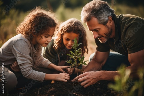 A family planting a tree together in their backyard - Environmental stewardship and family bonding - AI Generated