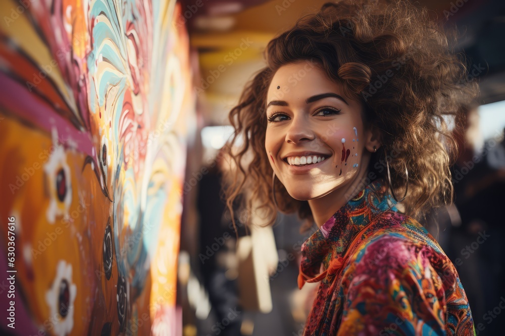 Fototapeta premium Young woman creating a mural in a public space - Art and community revitalization - AI Generated