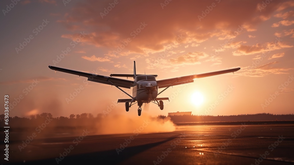 Fototapeta premium plane taking off at sunset. Created with Generative AI.