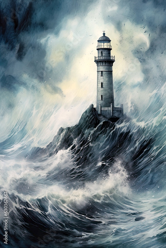 Illustrated view of a light house on a rocky outcrop. Storm at sea, with dark sky and crashing waves. Digital illustration A
