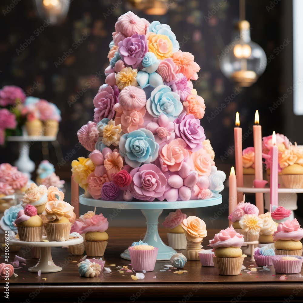 Magical incredible huge fairy tale birthday cake decorated with sweets, berries and fruits, fresh, delicious, juicy, festive background, dark surroundings, isolated