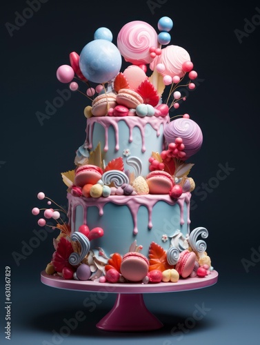 Magical incredible huge fairy tale birthday cake decorated with sweets, berries and fruits, fresh, delicious, juicy, festive background, dark surroundings, isolated
