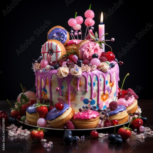 Magical incredible huge fairy tale birthday cake decorated with sweets  berries and fruits  fresh  delicious  juicy  festive background  dark surroundings  isolated