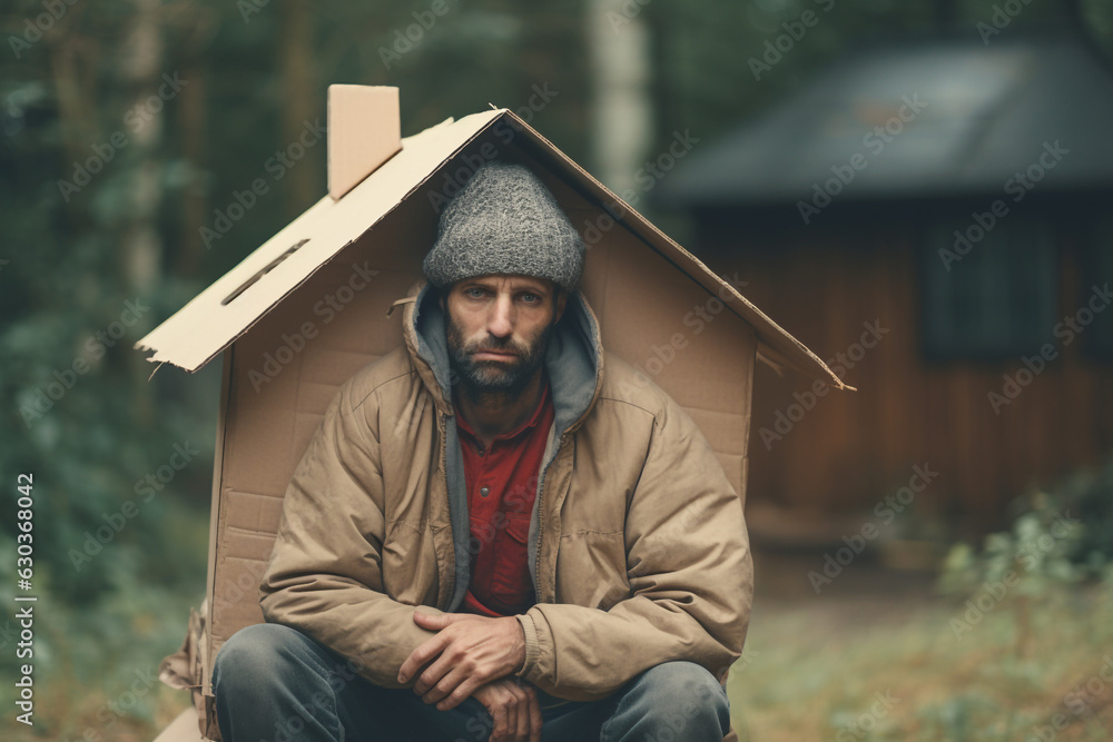 Poor tired depressed hungry homeless man holding a cardboard house. nostalgia and hope concept. High quality photo Poor tired depressed hungry homeless man holding a cardboard house. nostalgia and hope concept. High quality photo
