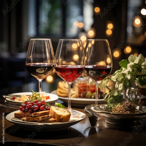 Professional staged photo of wine glasses with gorgeous various appetizers on the table  in the interior of expensive restaurant  romantic holiday atmosphere