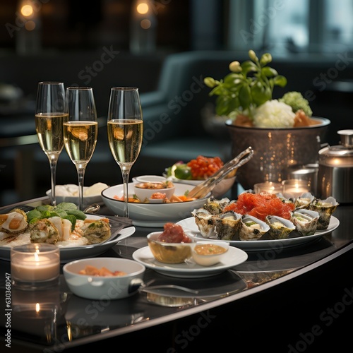 Professional staged photo of wine glasses with gorgeous various appetizers on the table  in the interior of expensive restaurant  romantic holiday atmosphere