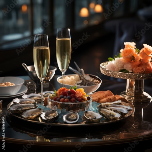 Professional staged photo of wine glasses with gorgeous various appetizers on the table, in the interior of expensive restaurant, romantic holiday atmosphere