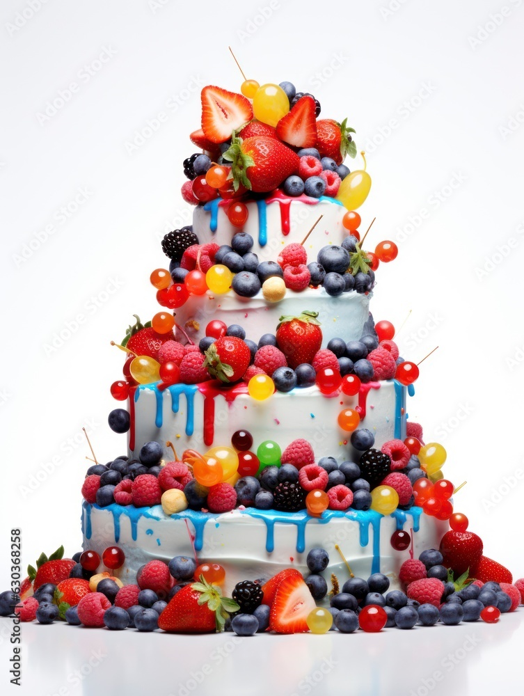 World's best multi-tier birthday cake decorated with fruits, berries and candies, isolated on a white background World's best multi-tier birthday cake decorated with fruits, berries and candies, isolated on a white background