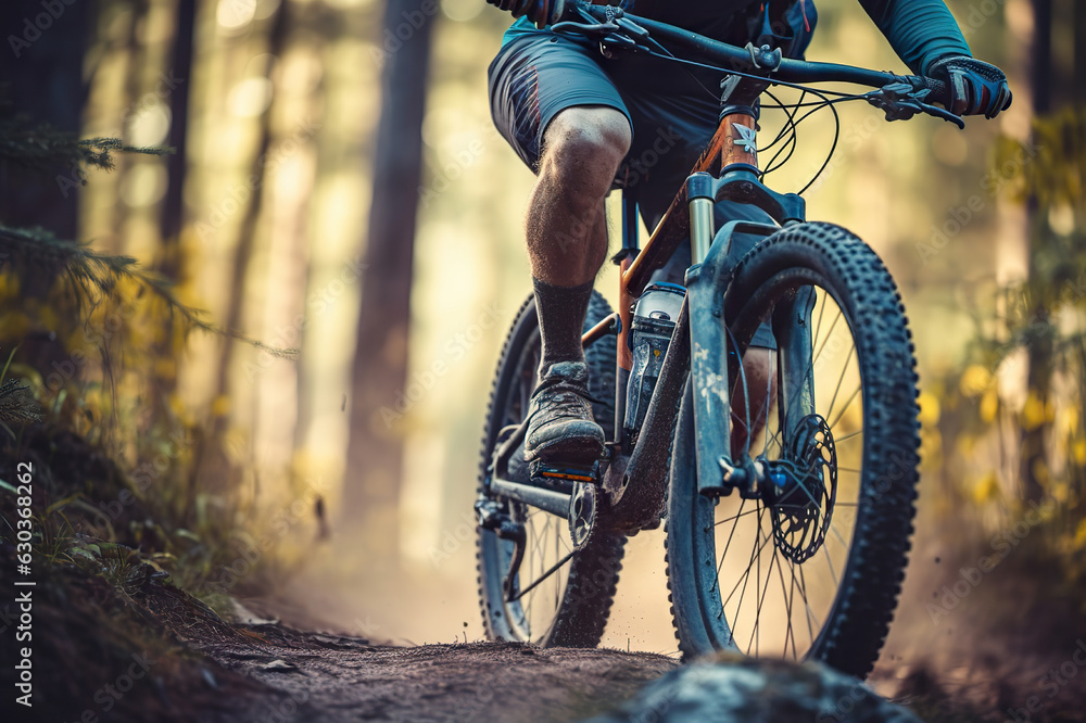 Fototapeta premium Thrilling Adventure Cyclist Riding Mountain Bike in the Enchanting Forest Landscape. created with Generative AI