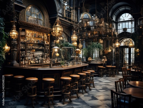 Foto Interior of a classic European beer pub, wooden finish, decorations, bar counter