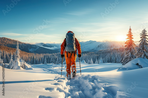 Winter Wonderland Adventure Snowshoe Walker Running in Fresh Powder Snow. created with Generative AI