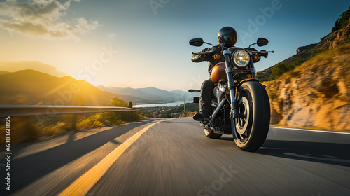 Motorcycle Adventure - Having Fun Riding on an Empty Highway during a Thrilling Motorbike Tour Journey. created with Generative AI © photobuay