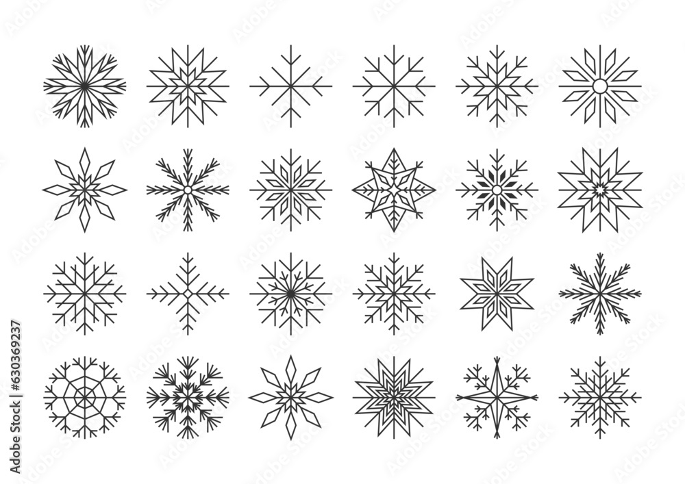 Snowflake thin black line icons snow big vector set	