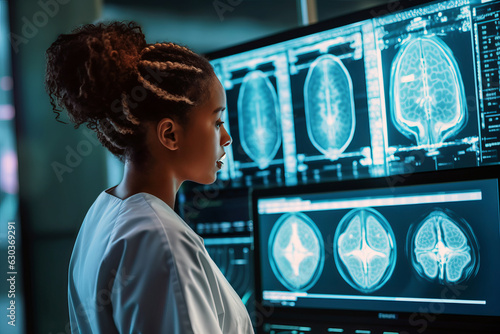 An expert female neurologist deeply engrossed in examining brain scans, utilizing innovative medical technology for diagnosis, highlighting her proficiency and expertise. photo