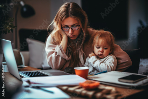A resilient single mother juggles between work and parenting duties at home. Striving for balance, she multitasks with her laptop, representing the complexity of her priorities