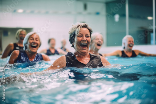 Fototapeta Active senior women enjoying aqua fit class in a pool, displaying joy and camara
