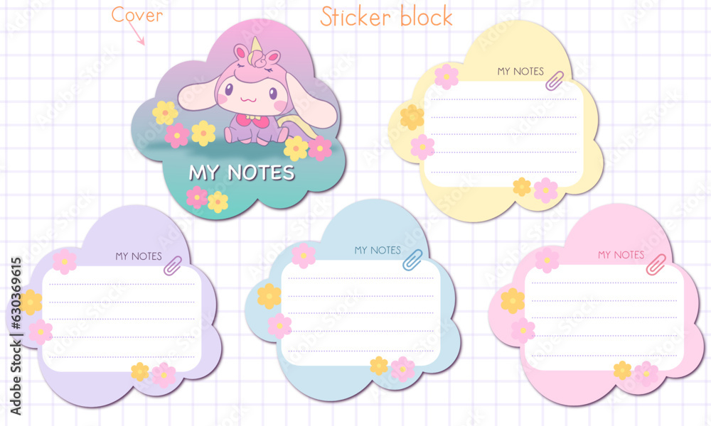 Kawaii stickers  block note's ready for print. Signs, symbols, objects and templates for planners, invitations, notebooks, diaries and cards. Personal memo, paper blank list , cardboard. Inspiration 
