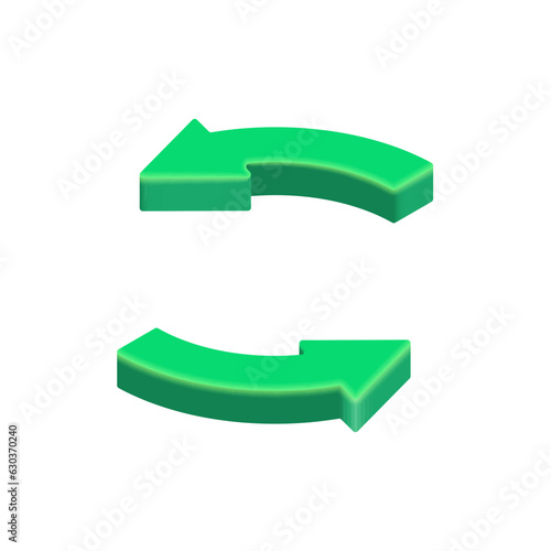 3D Green Refresh circle arrows. Vector isometric round reload arrow icon isolated on white background. 3D recycle render design element for app, web, advert.