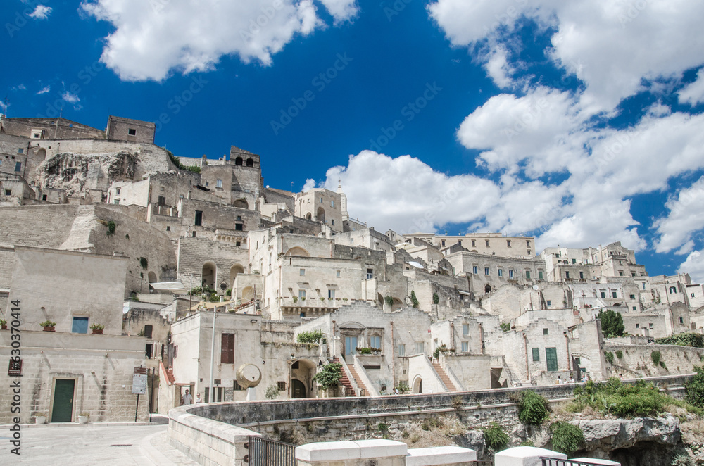 Panorama of Matera old town on the background of beautiful blue sky