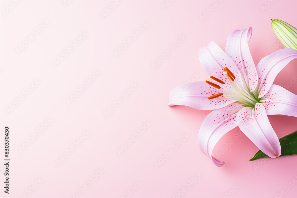 Pink delicate paper background with orchid flowers. Ai generation