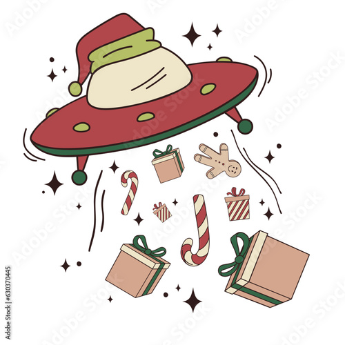 Flying saucer santa's helper pours Christmas gifts and sweets. Vector retro illustration