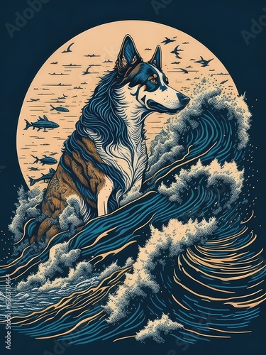 Illustration of a dog riding a wave in the ocean created with Generative AI technology