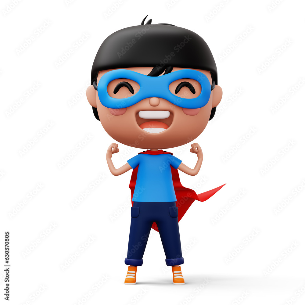 Funny little power superhero child in a hero clothes, hero kid concept, 3d rendering