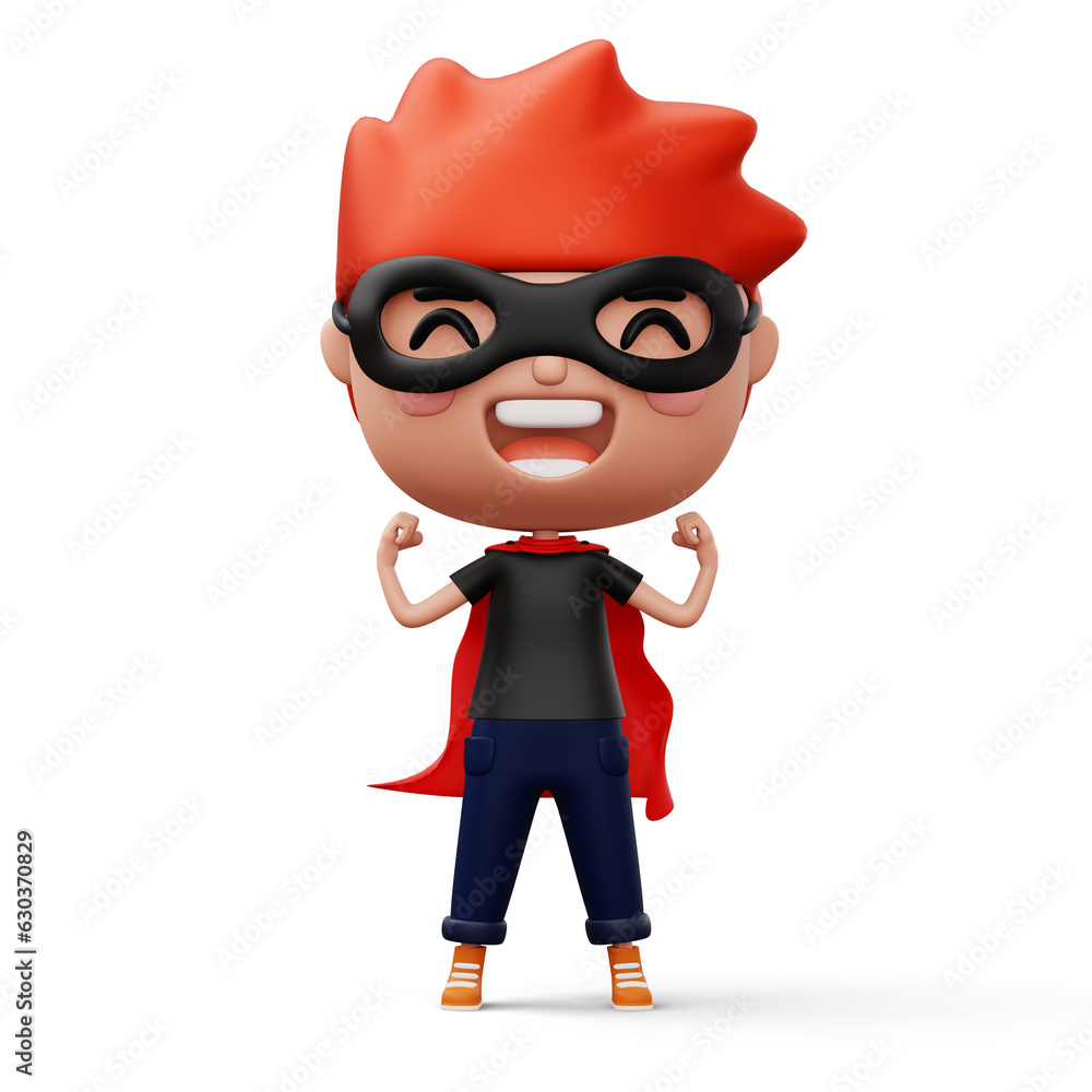 Funny little power superhero child in a hero clothes, hero kid concept, 3d rendering