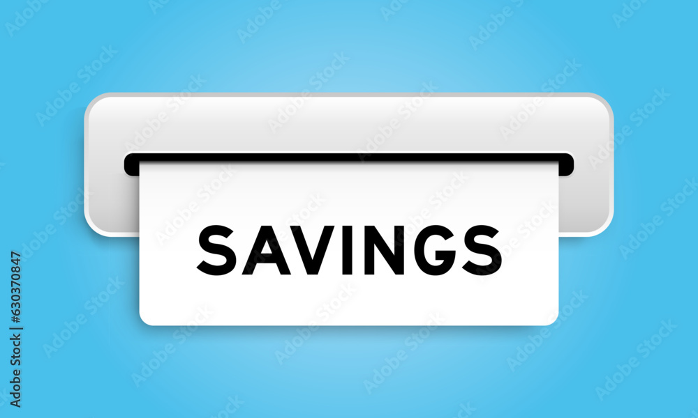 White coupon banner with word savings from machine on blue color background White coupon banner with word savings from machine on blue color background