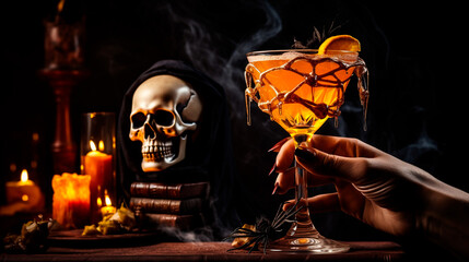 Close up view of tasty orange cocktail in a glass with decor for Halloween, on dark background