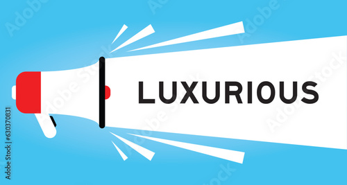 Color megaphone icon with word luxurious in white banner on blue background