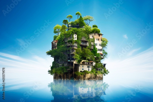 A small island with houses and trees growing on it. Blue background, copy space. Environmental problems of cities © Natalia Arteeva