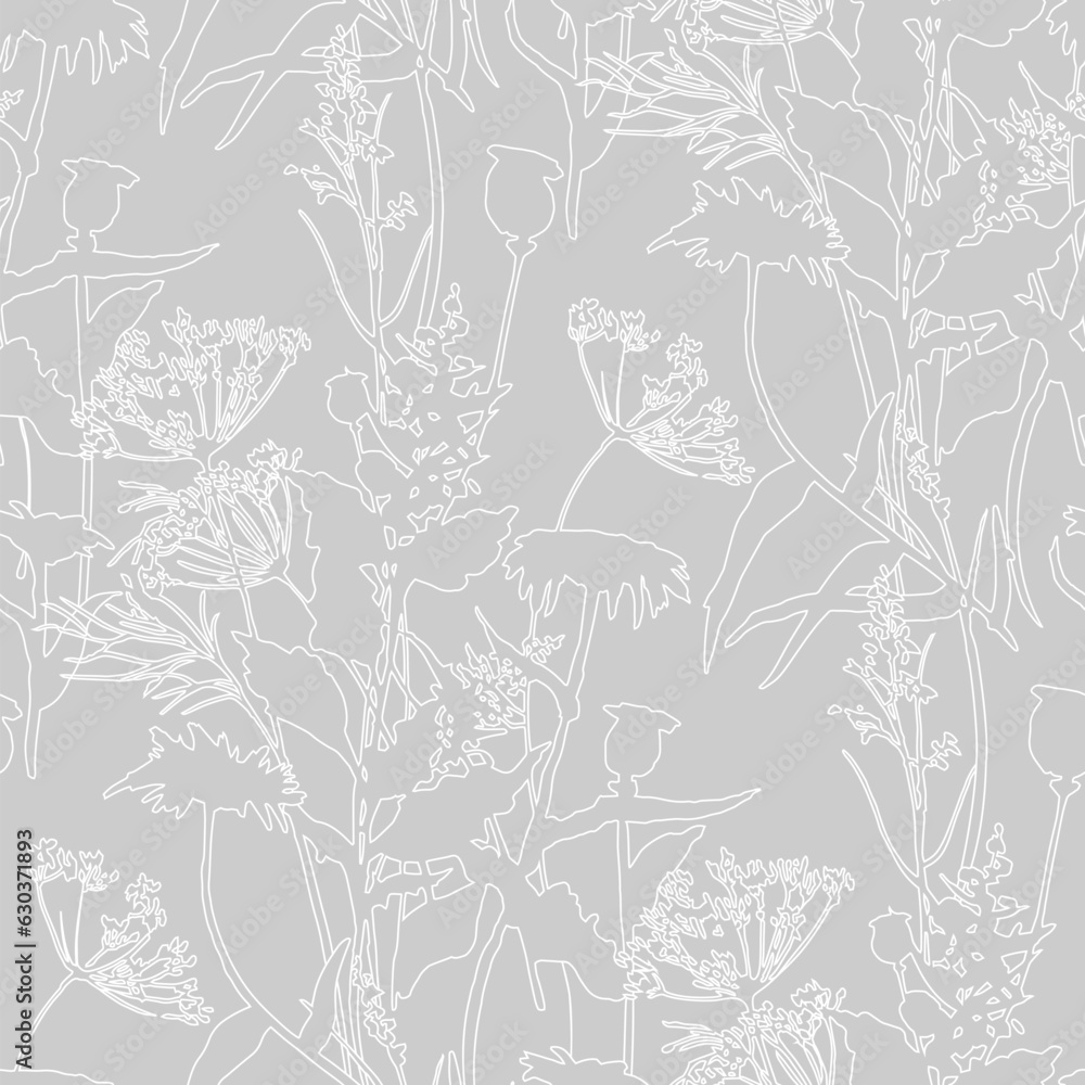 Seamless floral pattern with white flowers and leaves. Gray background. Line graphics.
