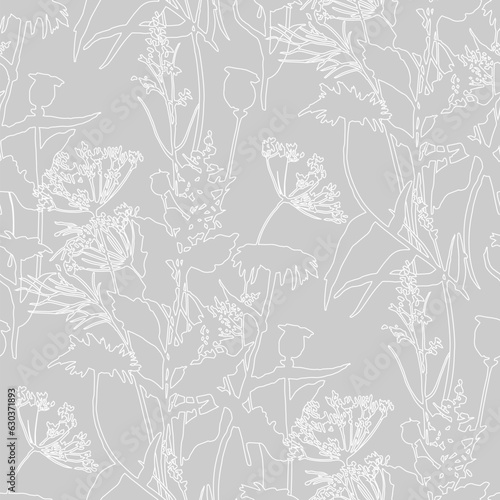 Seamless floral pattern with white flowers and leaves. Gray background. Line graphics. 