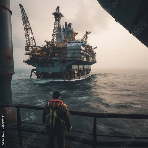 Engineers and staff are working on an oil drilling platform in the middle of the sea.AI generated