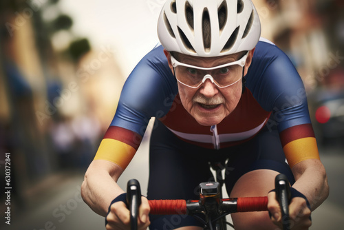 An older man pedaling skillfully on the road, showing that it is never too late to practice sports and stay in shape,active aging concept.	 #630372841