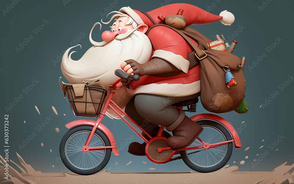 Fototapeta premium 3d Character of crazy and joyful Santa claus riding a bike for delivery gifts