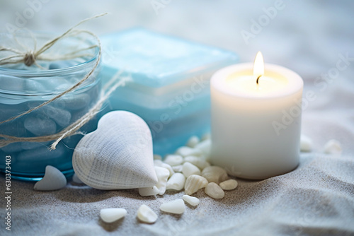 White lit aroma candle  heart and pebbles on beach. Generative AI
