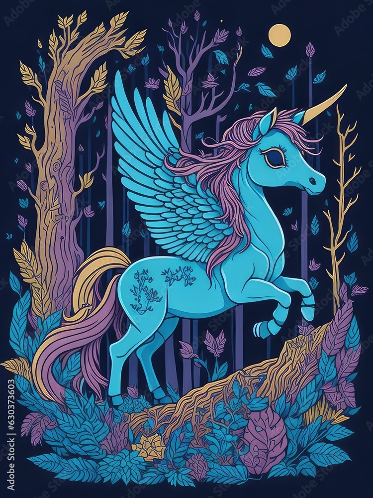 Illustration of a cute cartoon pony in a magical forest created with Generative AI technology Illustration of a cute cartoon pony in a magical forest created with Generative AI technology