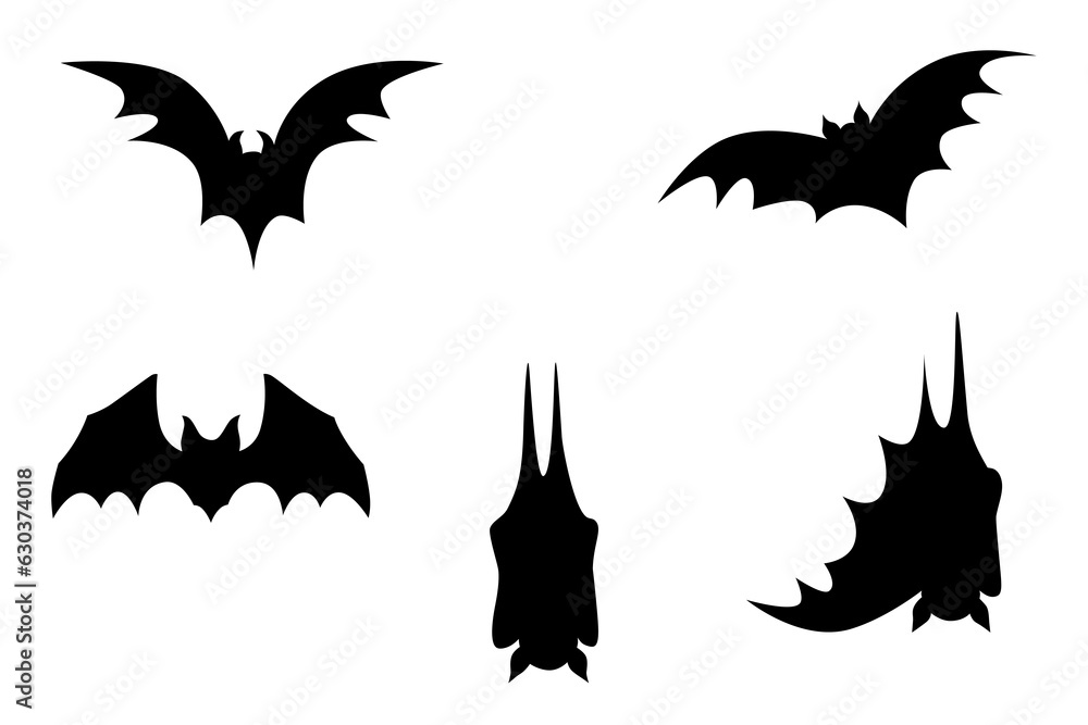 Collection of silhouette bats flying and hanging in five actions elements design on white background.