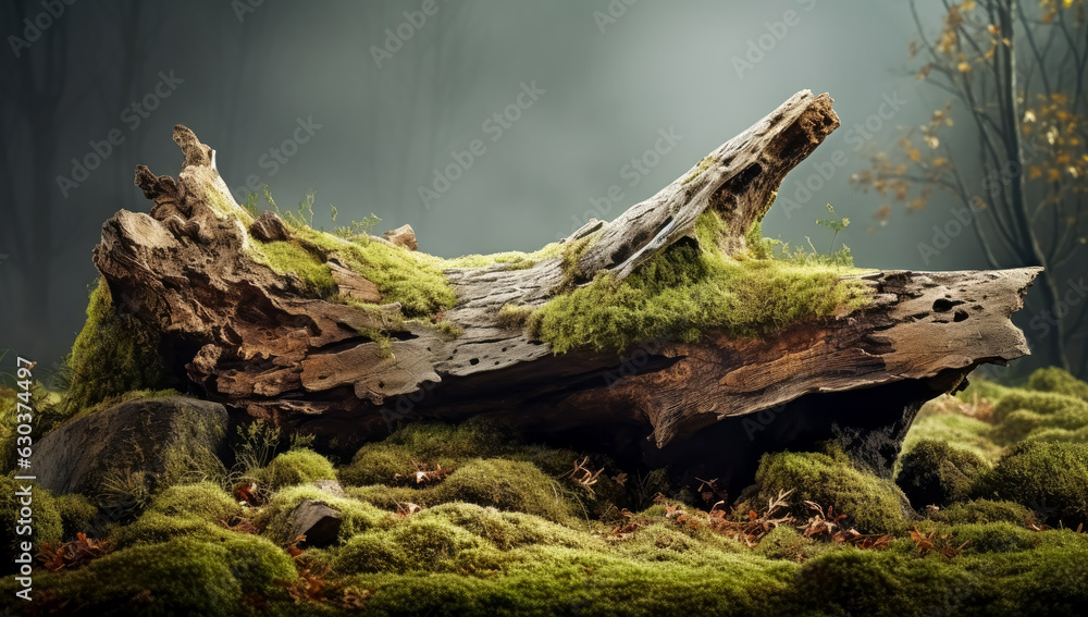 Old wood tree trunk with green moss growing out of it on top.