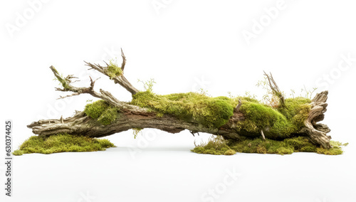 Old wood tree trunk with green moss growing out of it on top, isolated on white background.