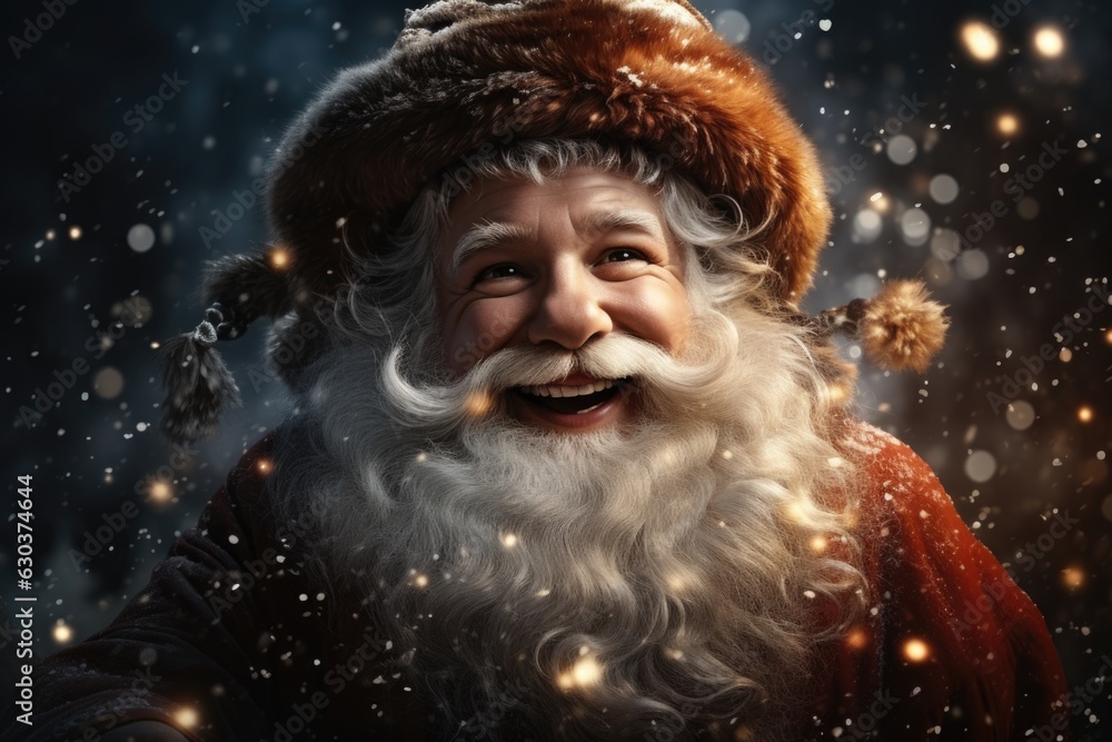 Santa Claus smiling and magical flying through the night with his sled and deer. Santa Claus smiling and magical flying through the night with his sled and deer.